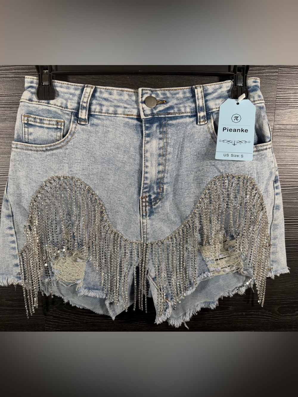 NWT Pieanke Rhinestone Fringe Denim Shorts Distressed Light Wash Festival Size S
